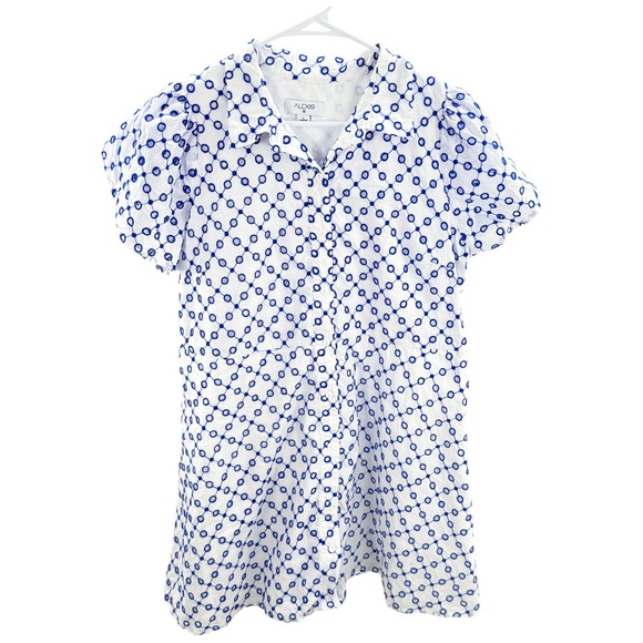 Alexis White Blue Eyelet Embroidered Puff Sleeve Button Down Shirt Dress Large‎ - Picture 1 of 14